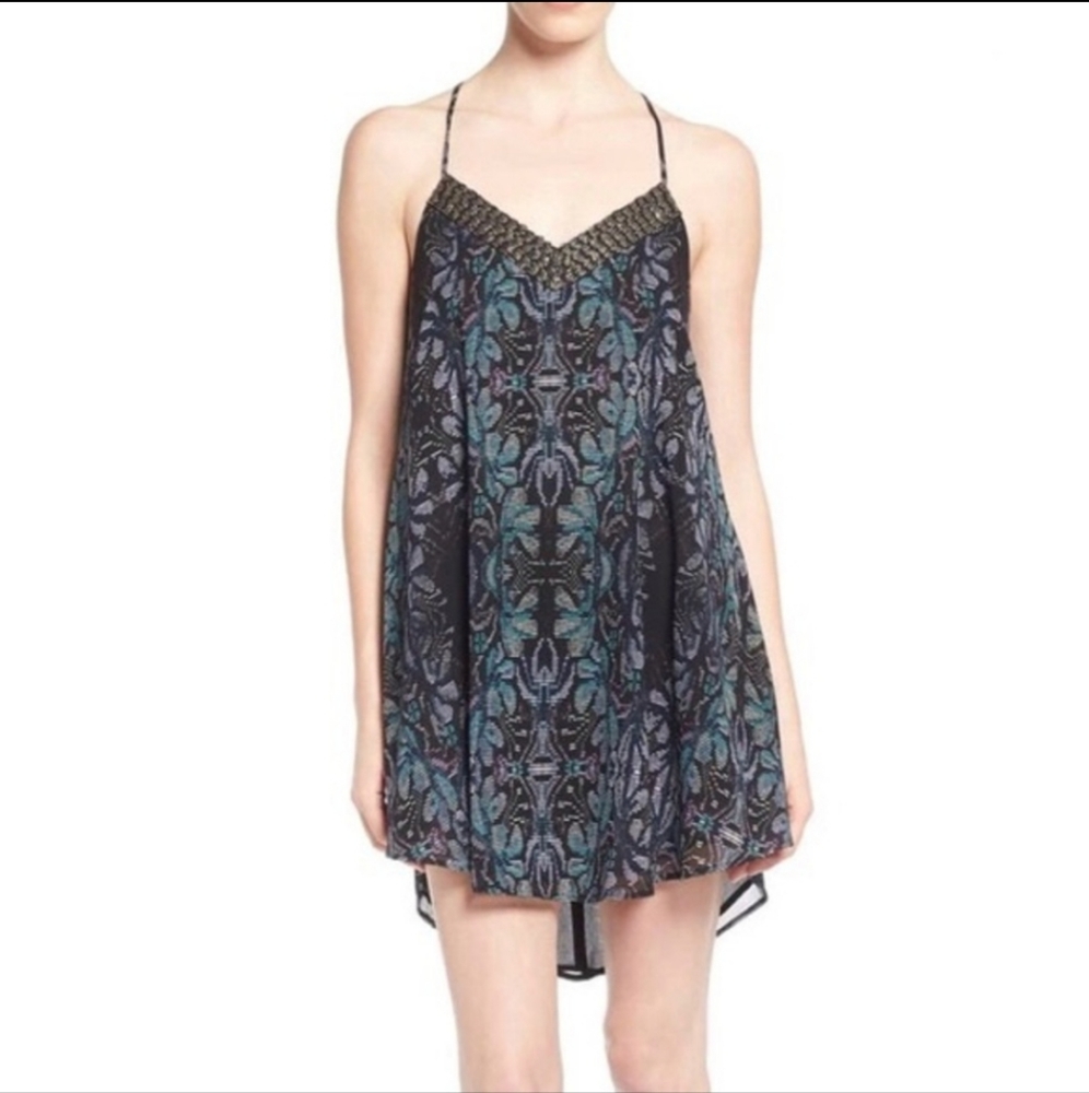 Astr shift mini dress beaded pixel floral print strappy back size medium‎ y2k